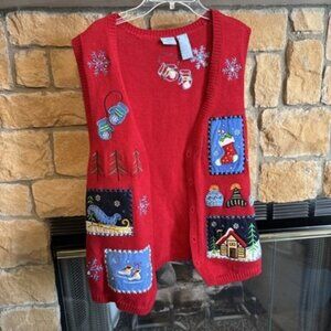 Vintage Holiday Editions Christmas Knit Button Red Cardigan Sweater Vest Large